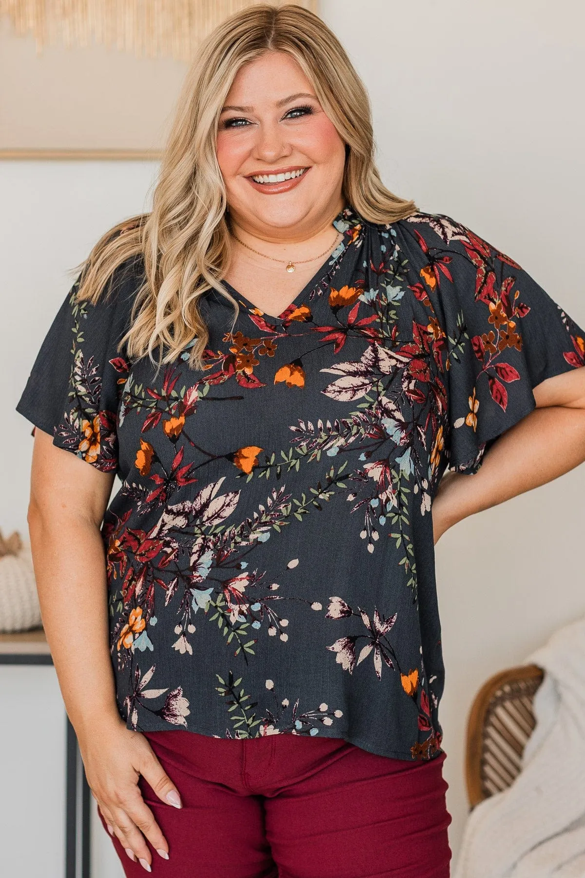 Forever Enchanted Floral Top- Navy