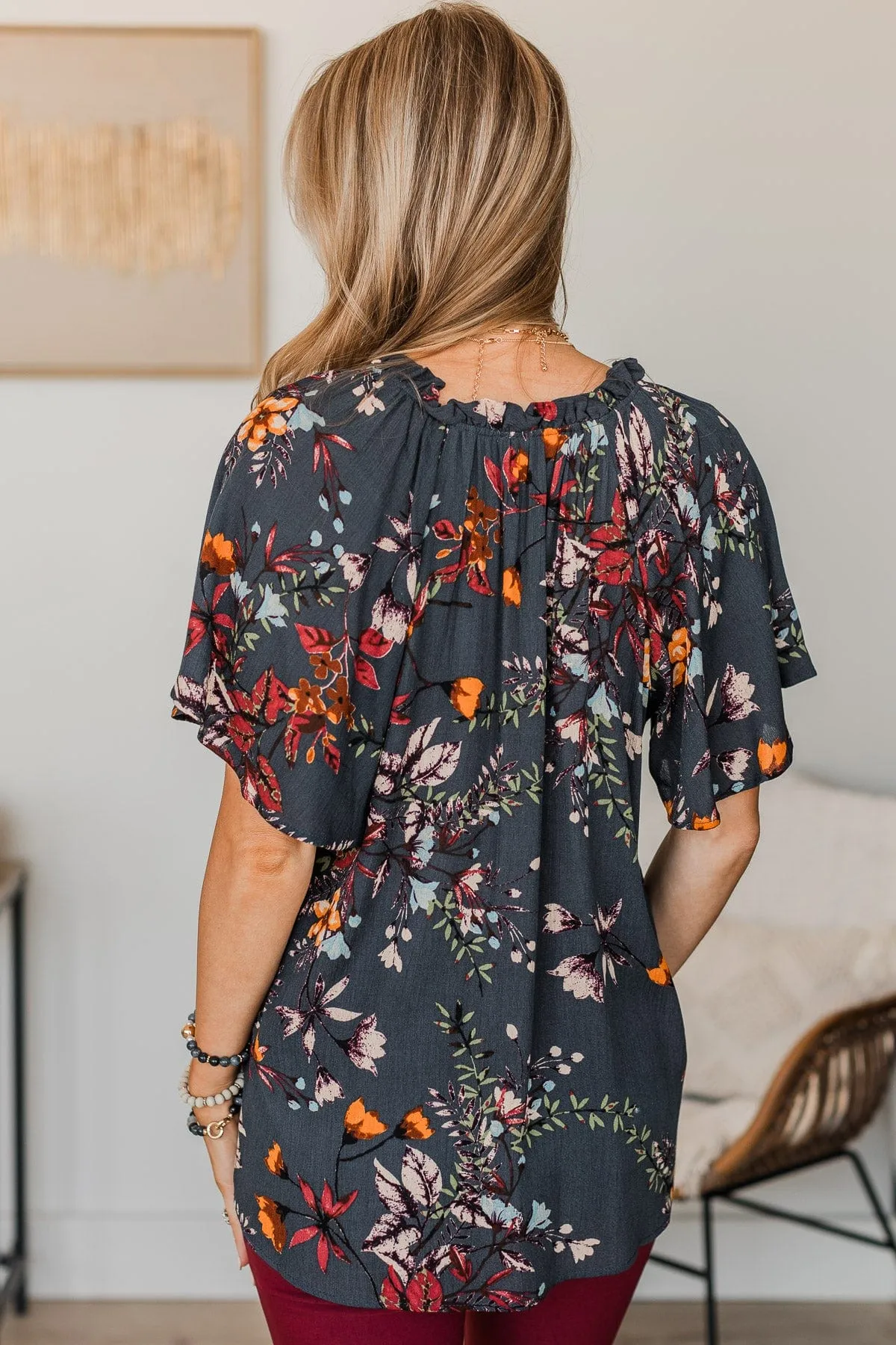 Forever Enchanted Floral Top- Navy