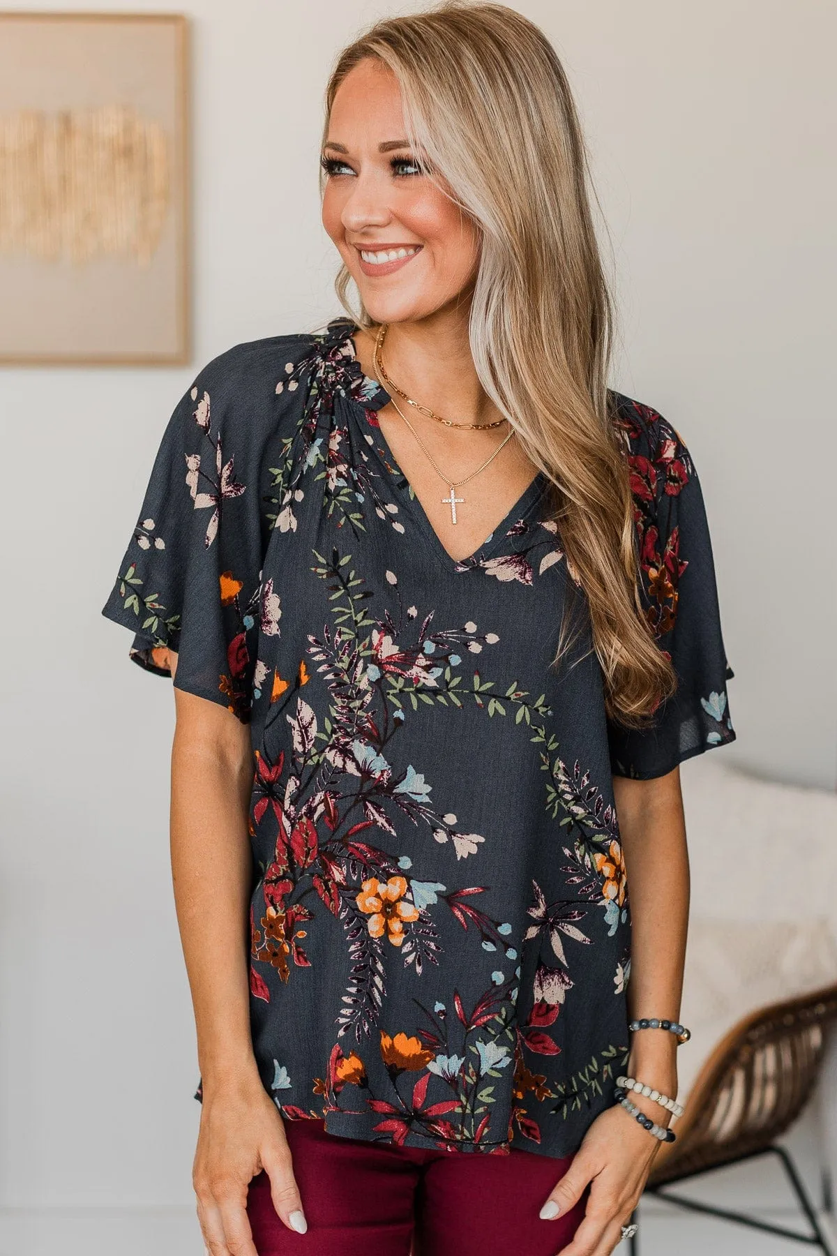Forever Enchanted Floral Top- Navy