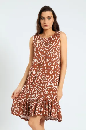 Frill Hem Hi-Lo Printed Shift Dress - Brown/White