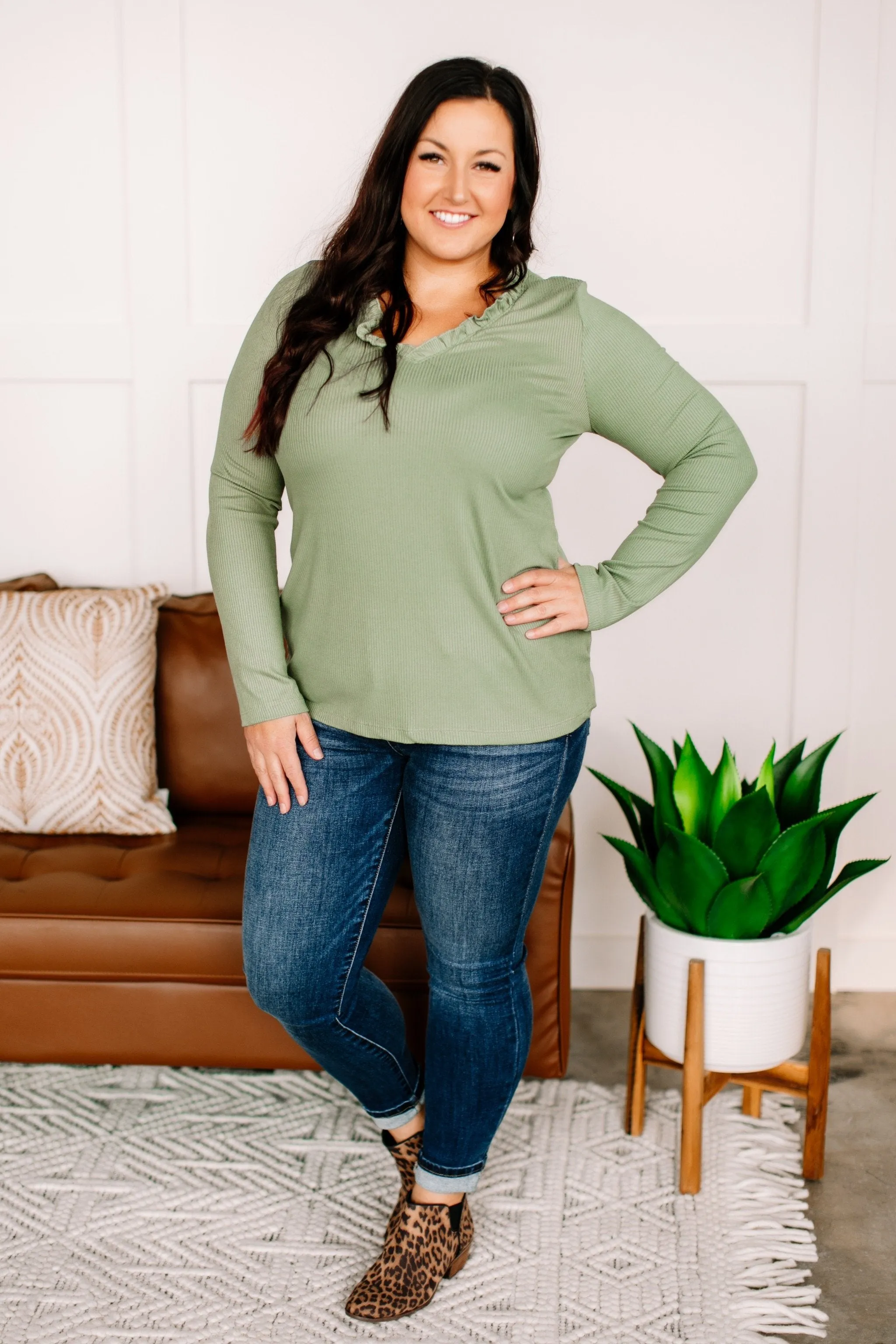 Frilled To Bits Ruffle Neck Top In Cactus