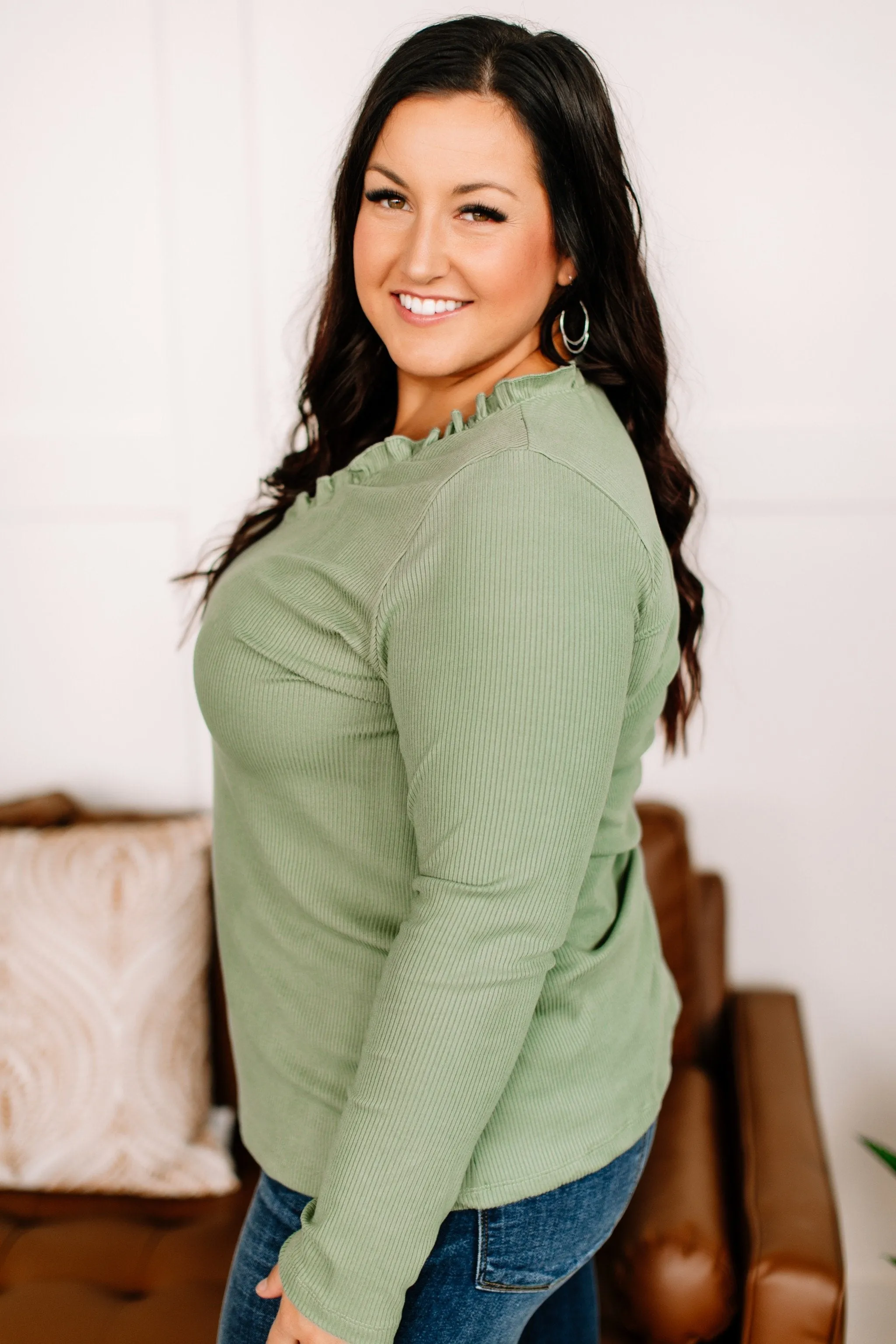 Frilled To Bits Ruffle Neck Top In Cactus