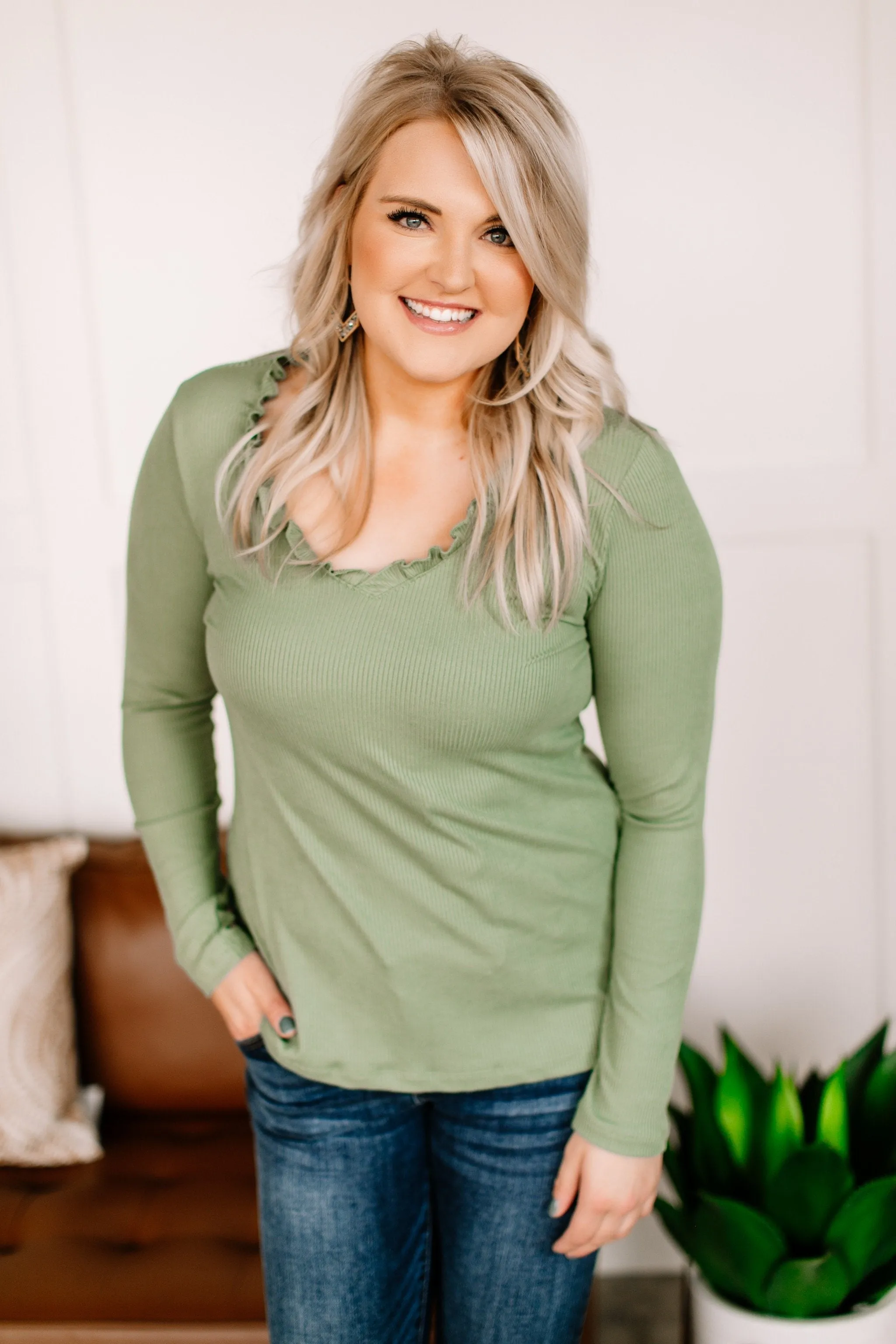 Frilled To Bits Ruffle Neck Top In Cactus