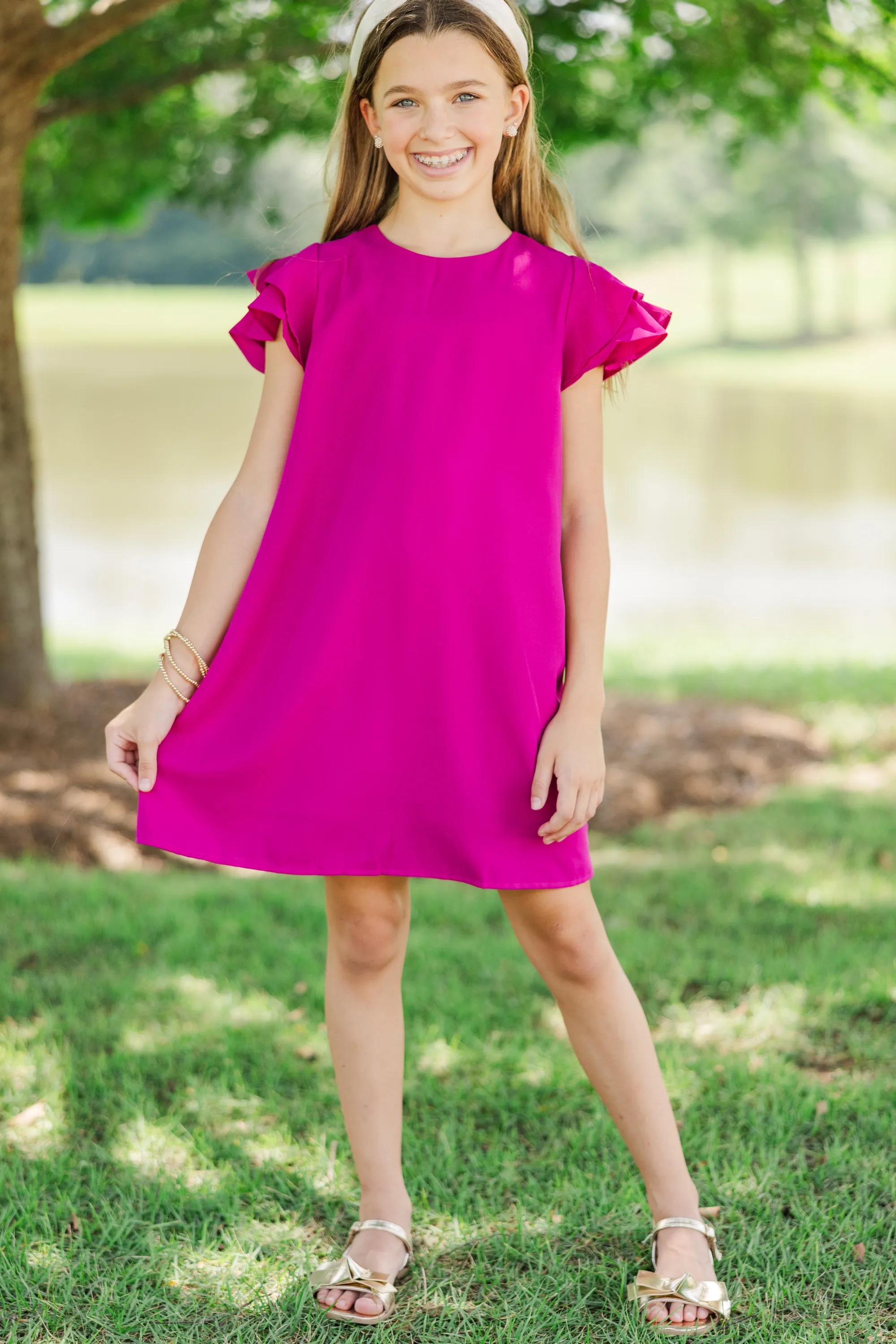 Girls: Beauty Bound Magenta Ruffled Sleeve Dress