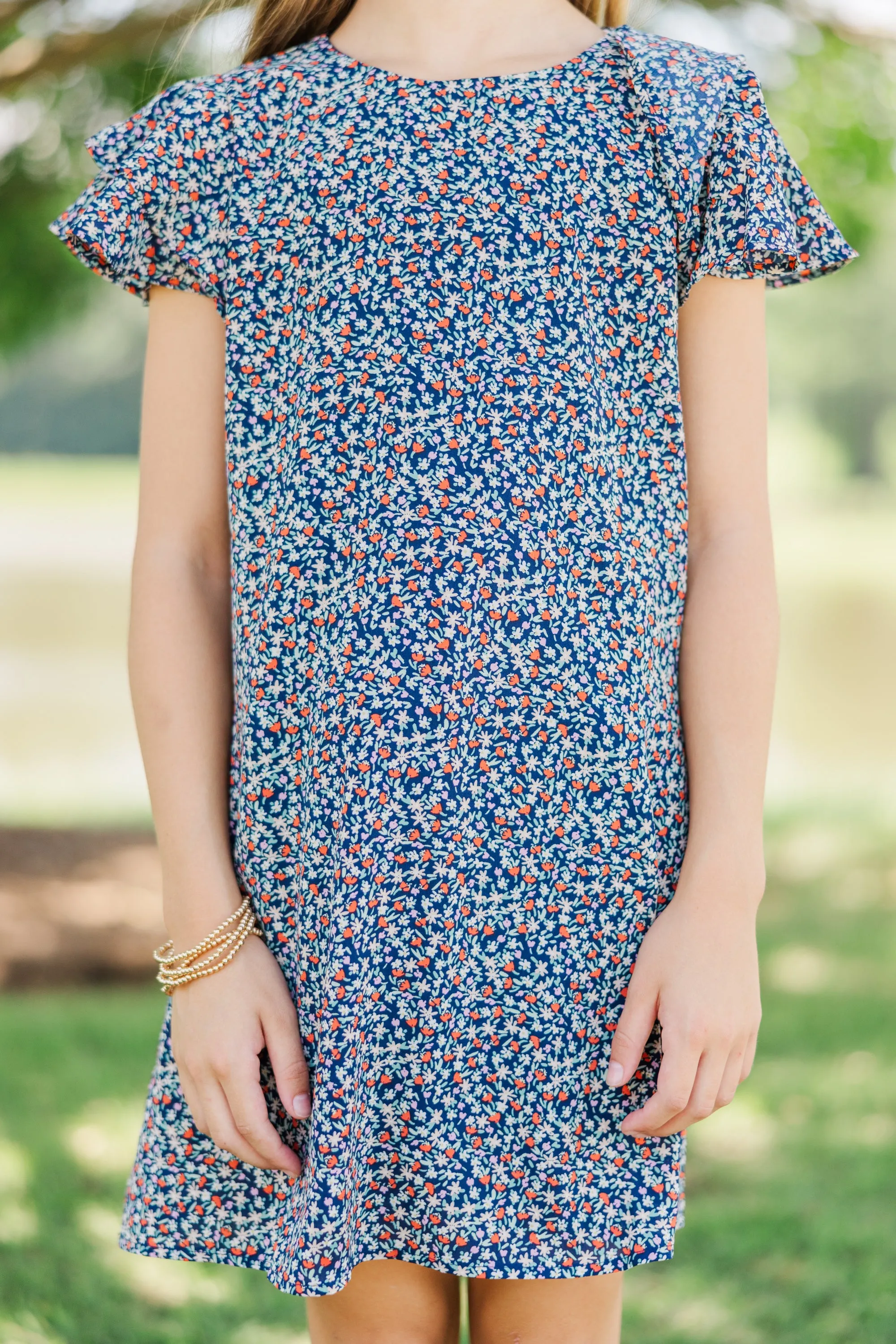 Girls: Beauty Bound Navy Ruffled Sleeve Dress