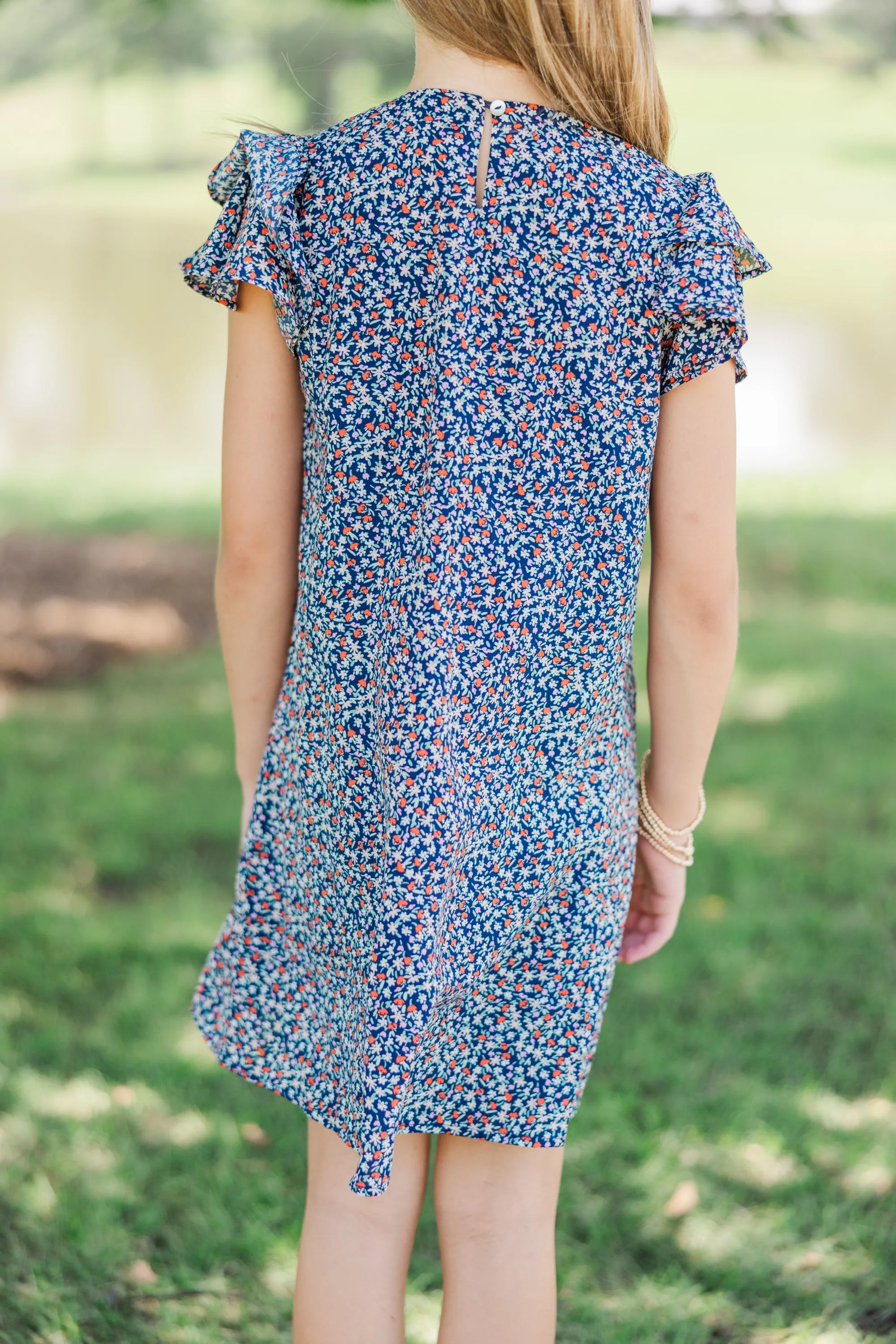 Girls: Beauty Bound Navy Ruffled Sleeve Dress