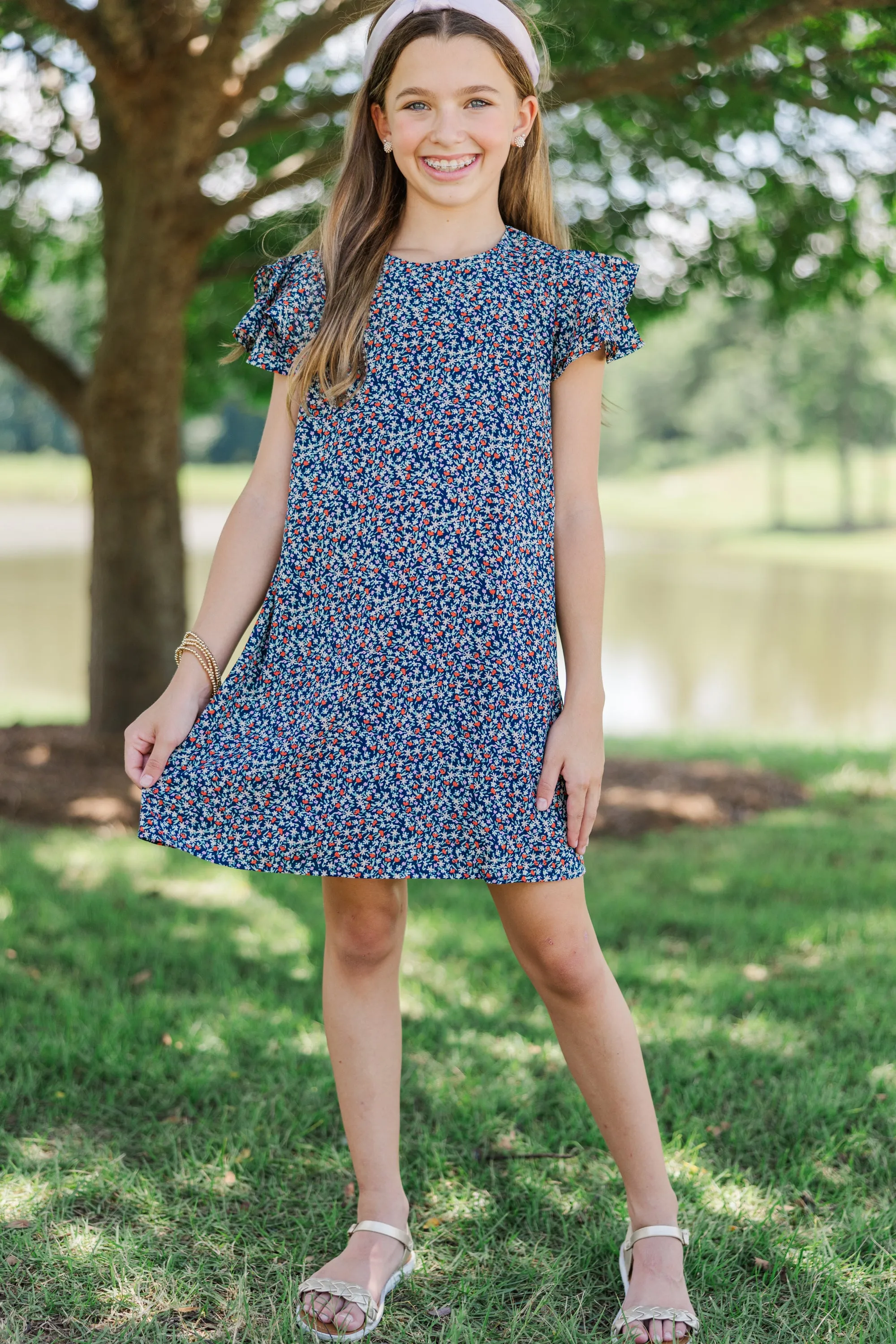 Girls: Beauty Bound Navy Ruffled Sleeve Dress
