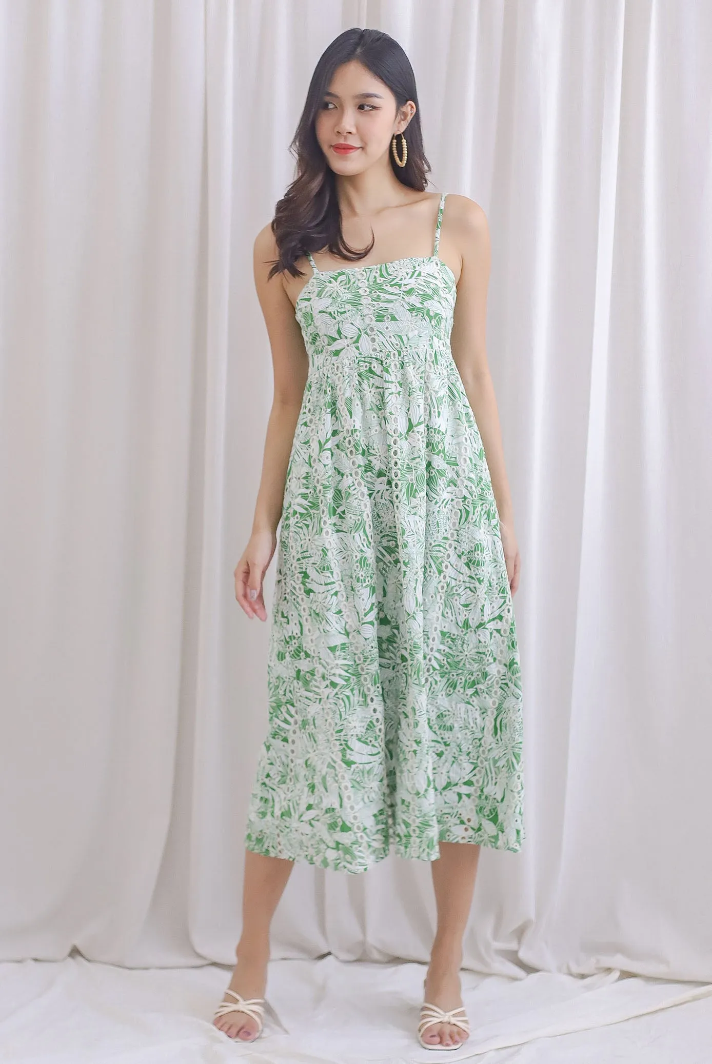 Giselle Leafy Embro Spahgetti Maxi Dress In Green