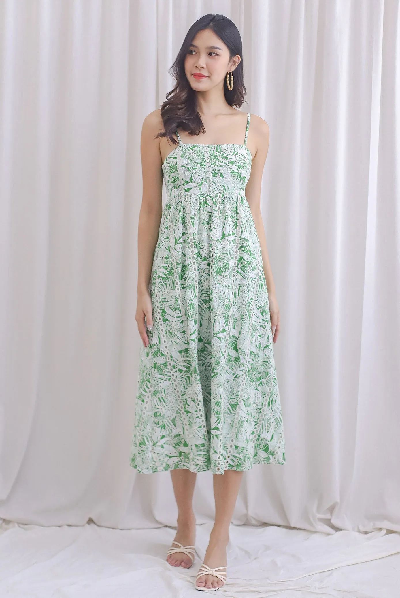 Giselle Leafy Embro Spahgetti Maxi Dress In Green