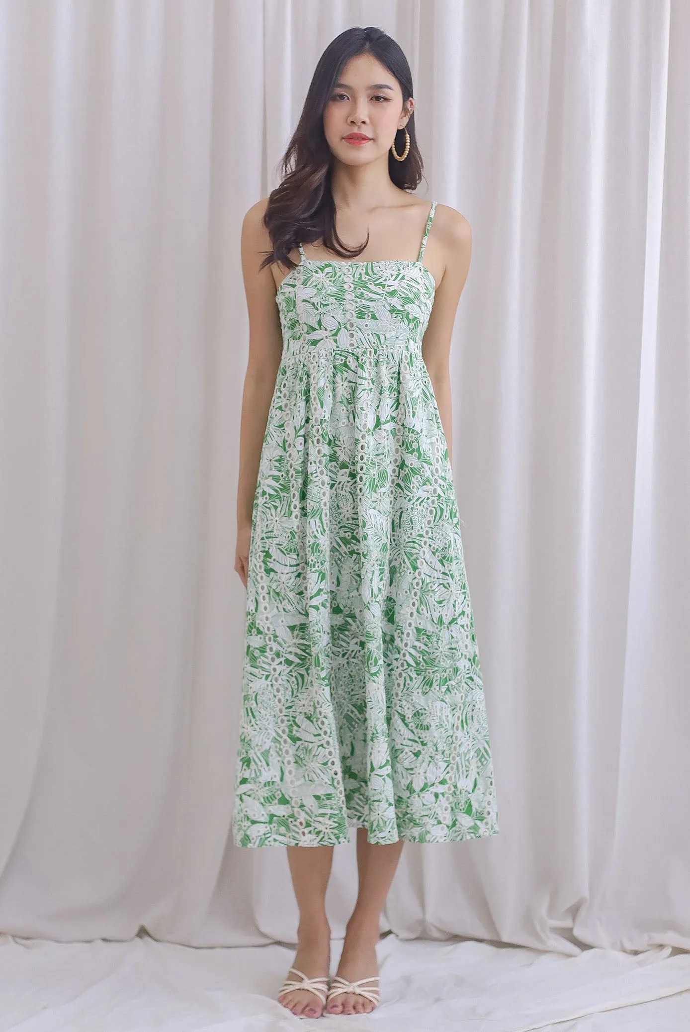 Giselle Leafy Embro Spahgetti Maxi Dress In Green