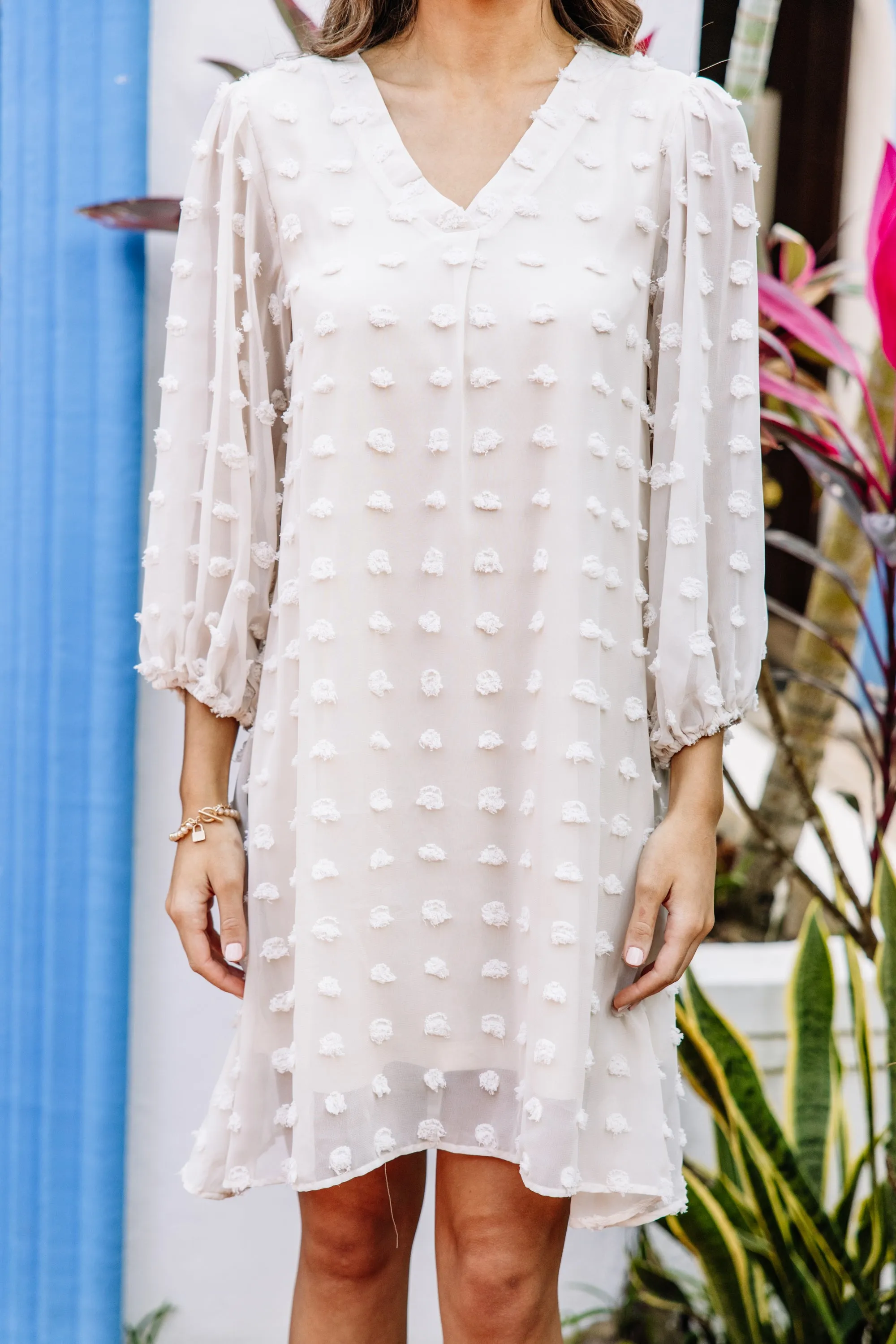 Good To Know Oatmeal White Swiss Dot Shift Dress