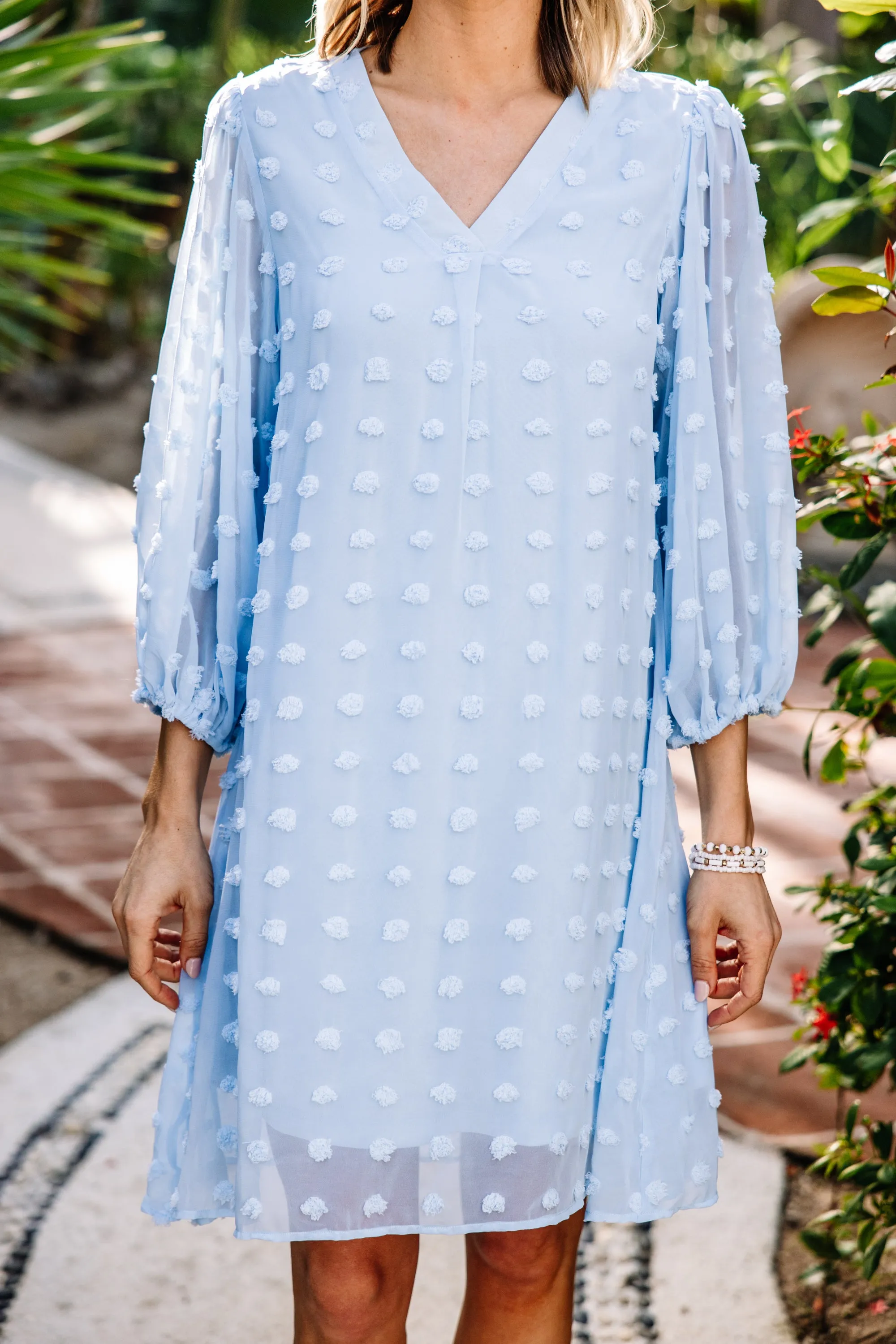 Good To Know Sky Blue Swiss Dot Shift Dress