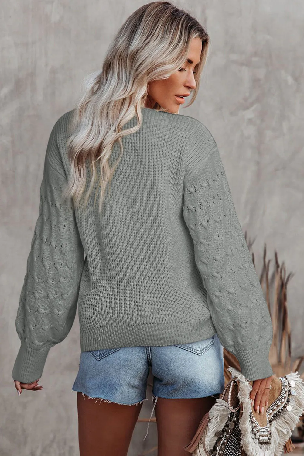 Gray Cable Puff Sleeve Lace V Neck Sweater