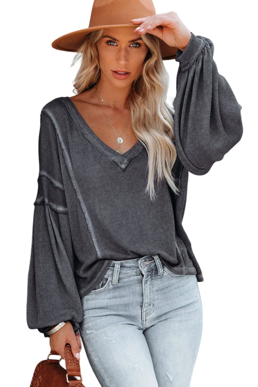 Gray Exposed Seam Lantern Sleeve V Neck Knit Top