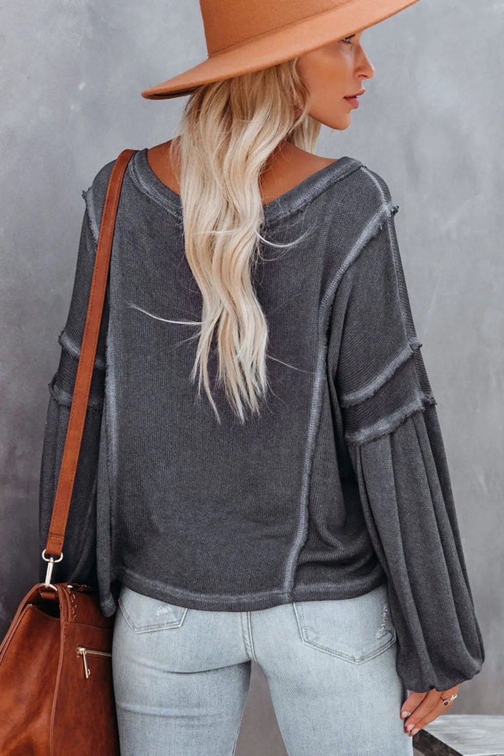 Gray Exposed Seam Lantern Sleeve V Neck Knit Top