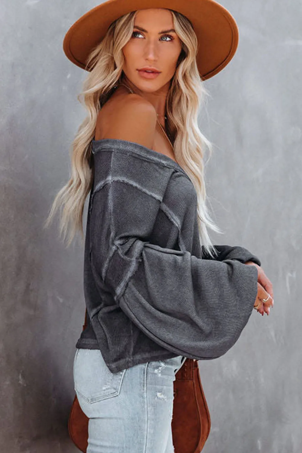 Gray Exposed Seam Lantern Sleeve V Neck Knit Top