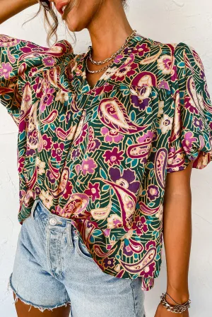 Green Paisley Floral Printed V Neck Puff Sleeve Blouse