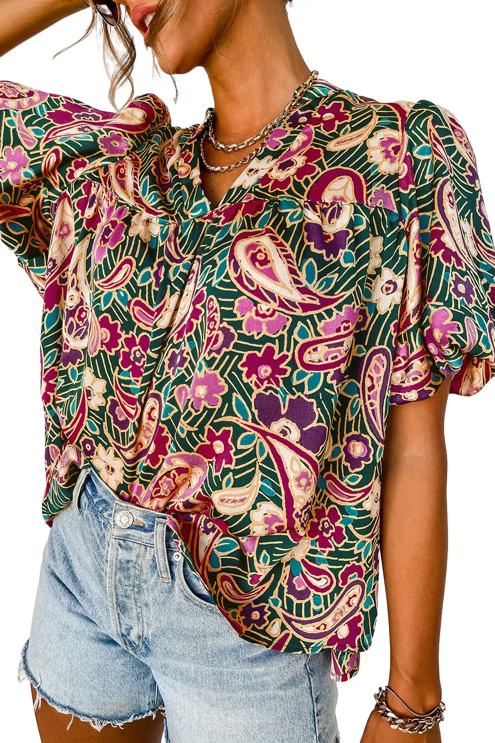 Green Paisley Floral Printed V Neck Puff Sleeve Blouse
