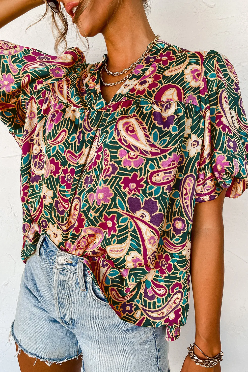 Green Paisley Floral Printed V Neck Puff Sleeve Blouse