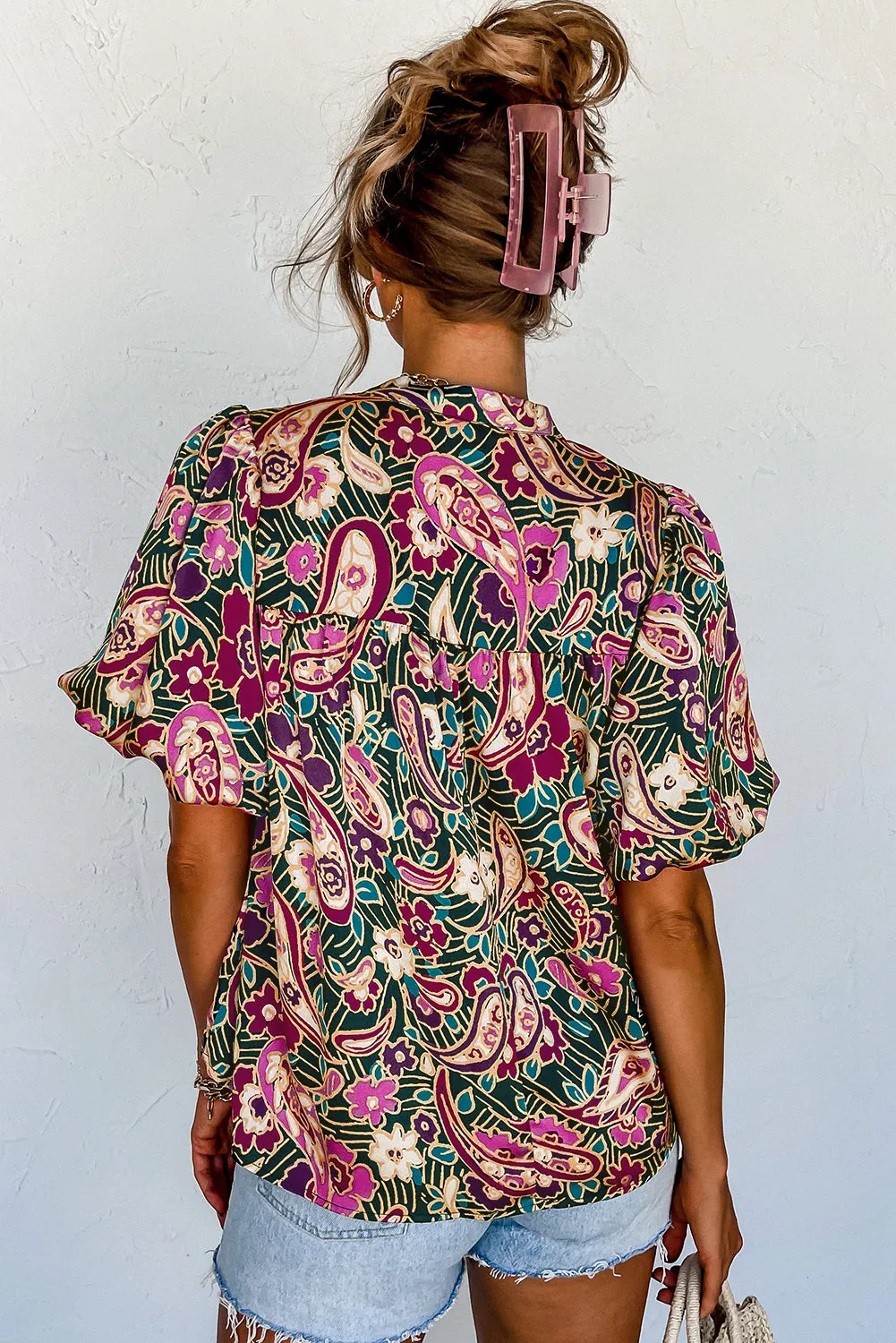 Green Paisley Floral Printed V Neck Puff Sleeve Blouse