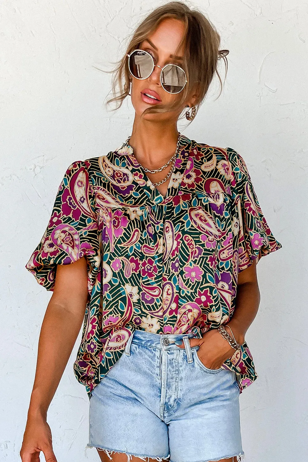 Green Paisley Floral Printed V Neck Puff Sleeve Blouse