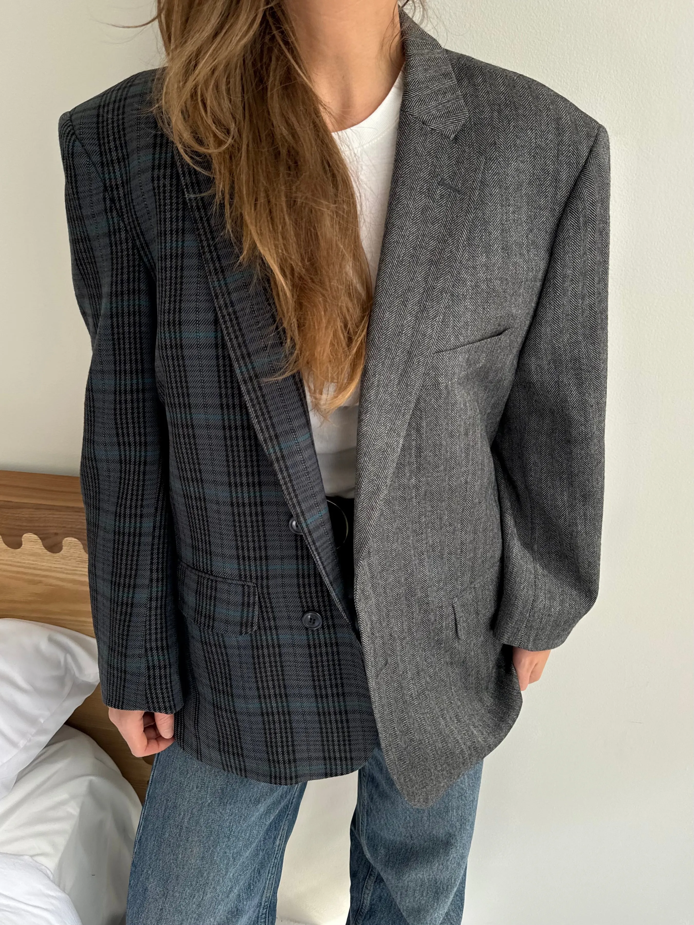 Grey herringbone and colourful plaid contrasted blazer