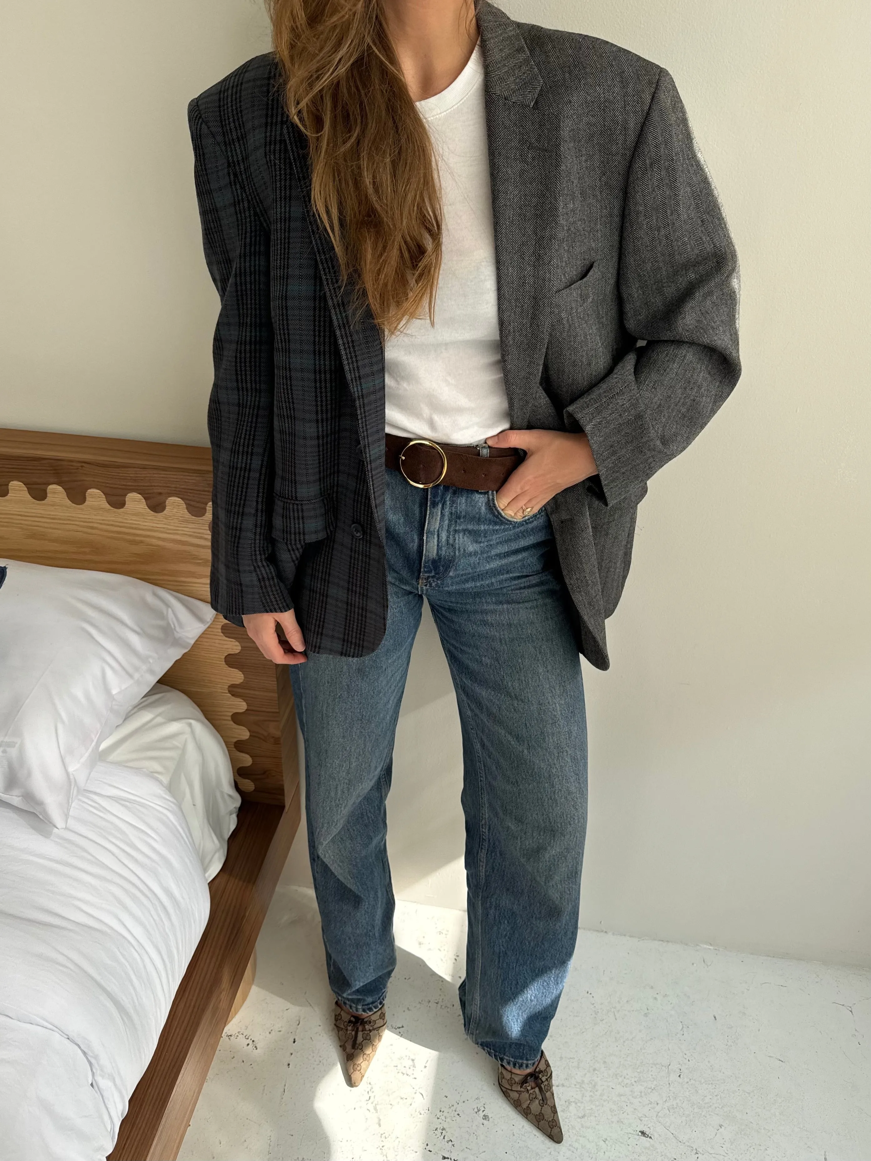 Grey herringbone and colourful plaid contrasted blazer