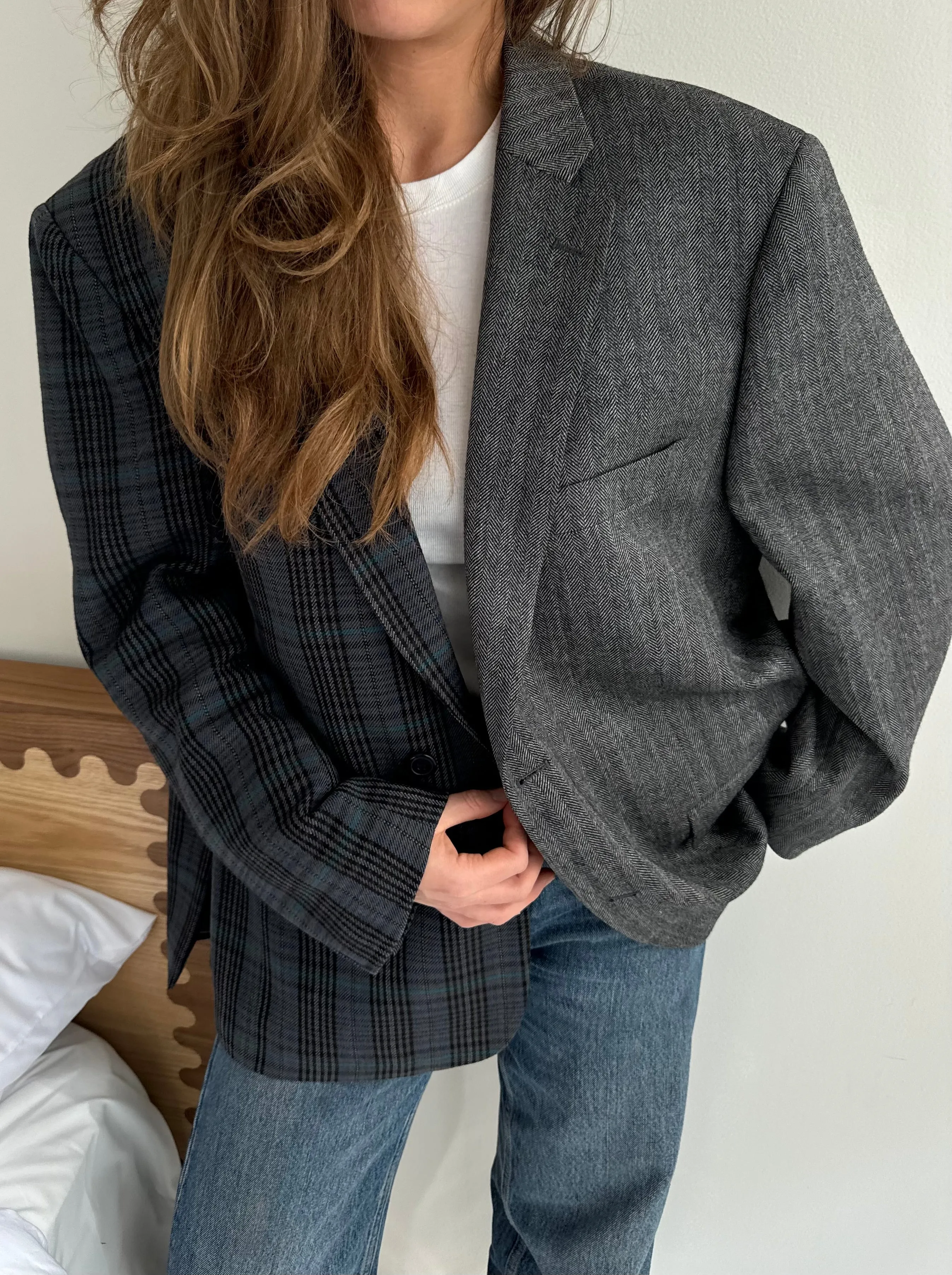 Grey herringbone and colourful plaid contrasted blazer