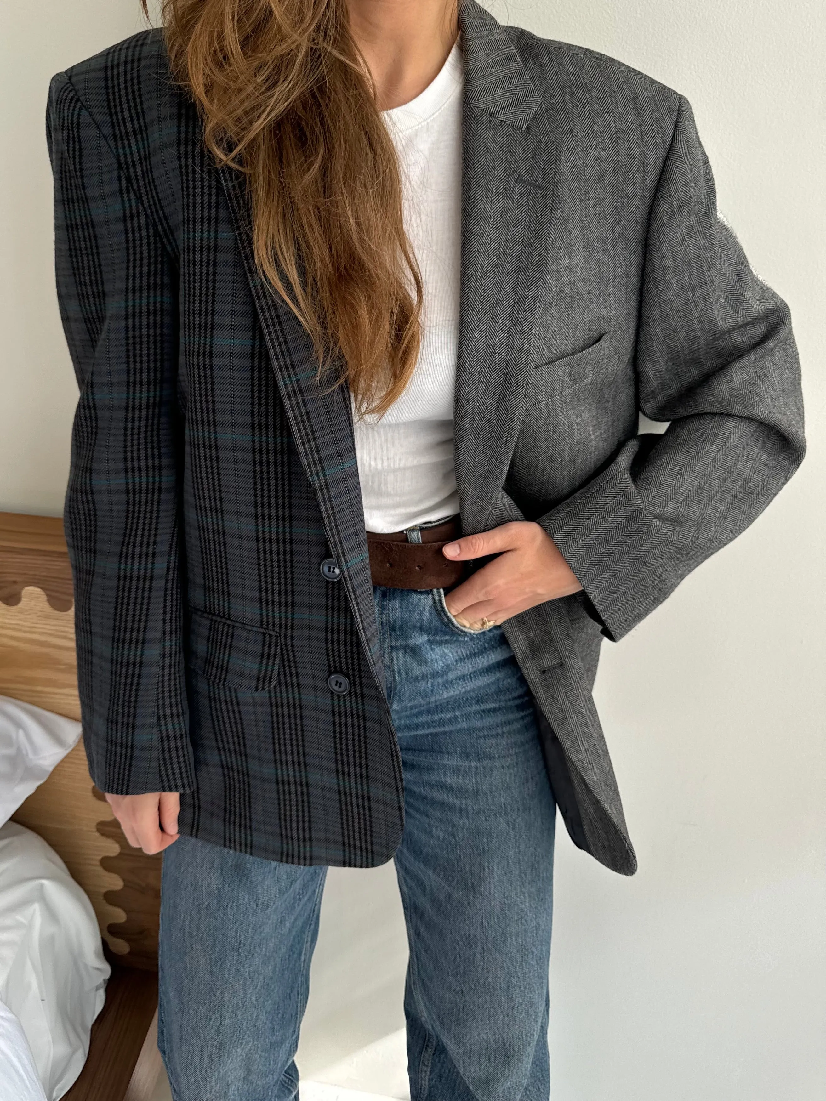 Grey herringbone and colourful plaid contrasted blazer