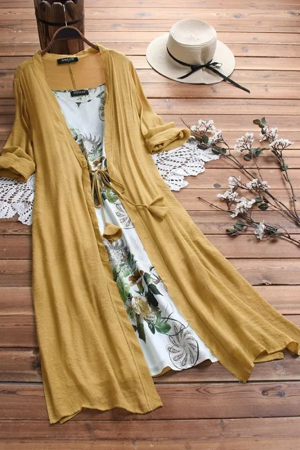 Half Sleeve Printing Dress with Cardigan Two Pieces