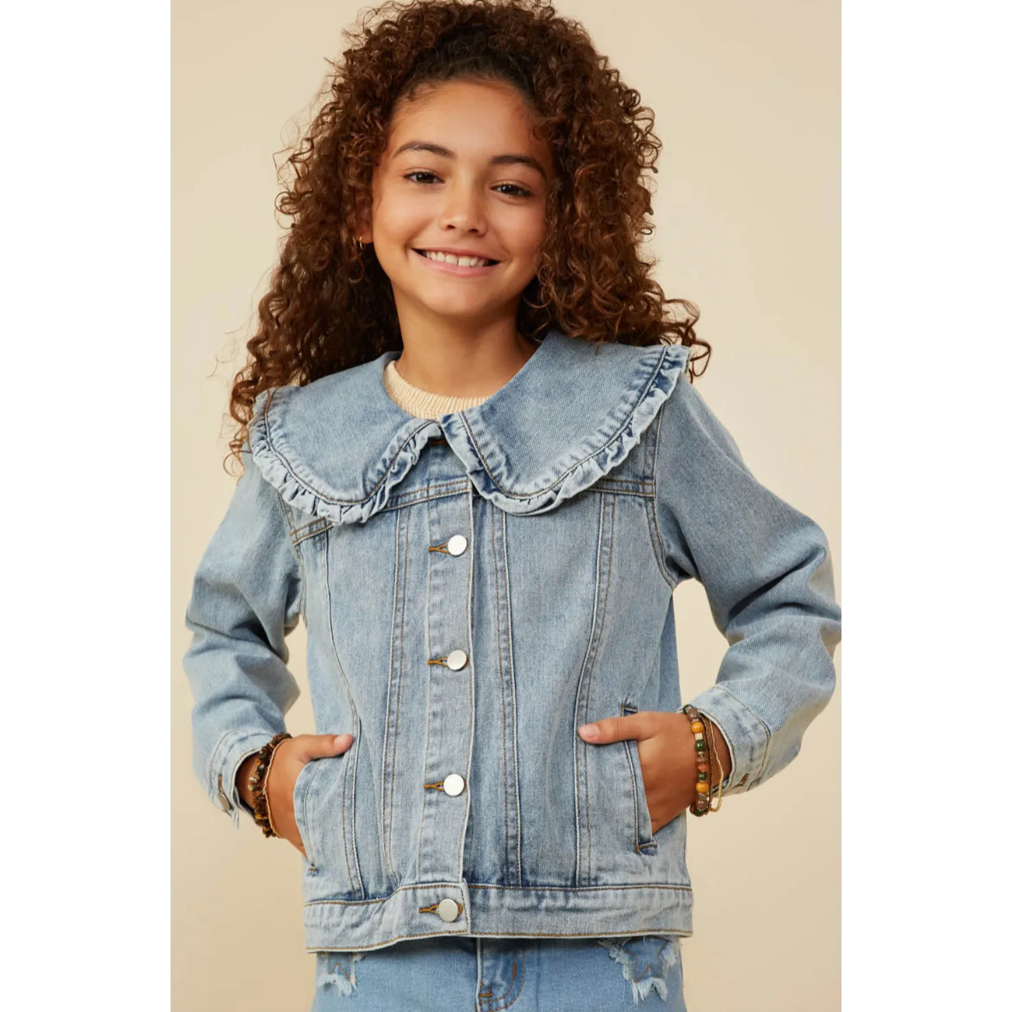 Hayden Girls Exaggerated Ruffle Collar Denim Jacket
