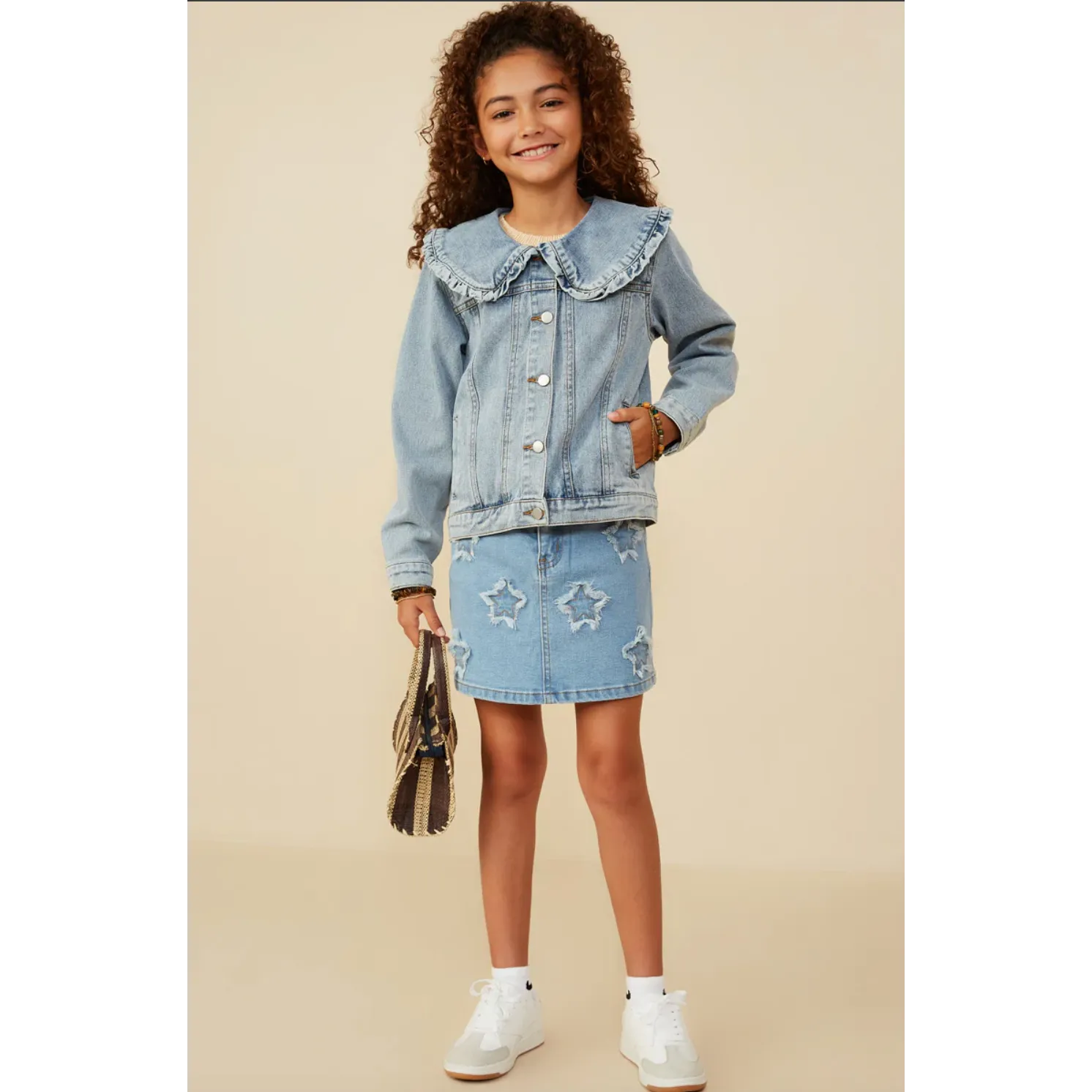 Hayden Girls Exaggerated Ruffle Collar Denim Jacket
