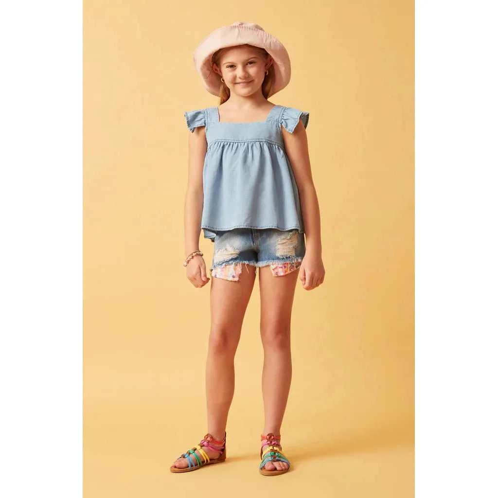 Hayden Girls Tencel Square Neck Ruffle Cap Sleeve Top