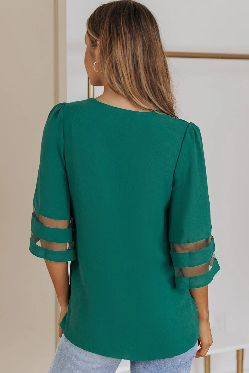 Hazel Blues® | Sheer Striped Flare Sleeve V-Neck Blouse