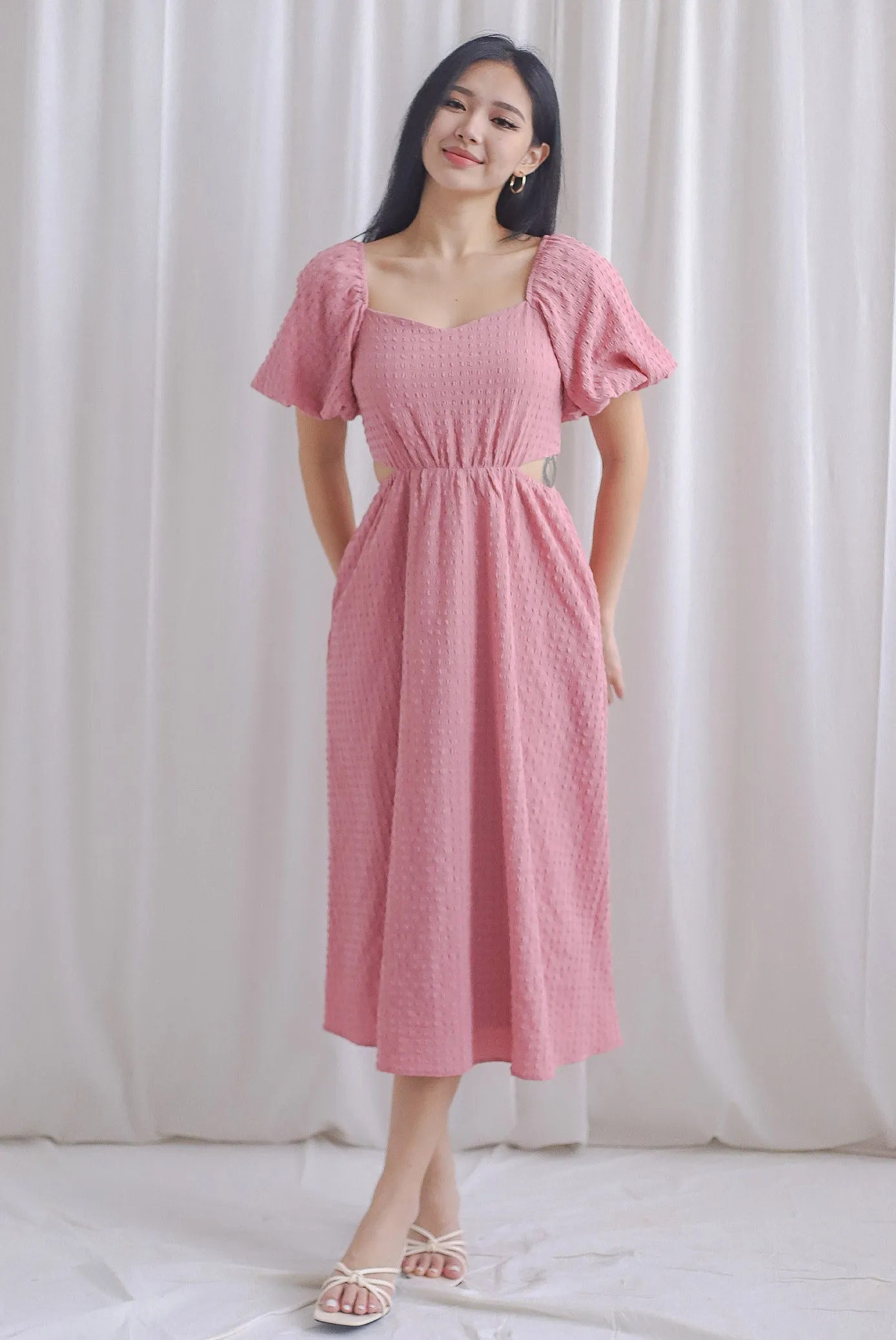 Hebe Puffy Sleeve Side Cut Out Dress In Rose Pink