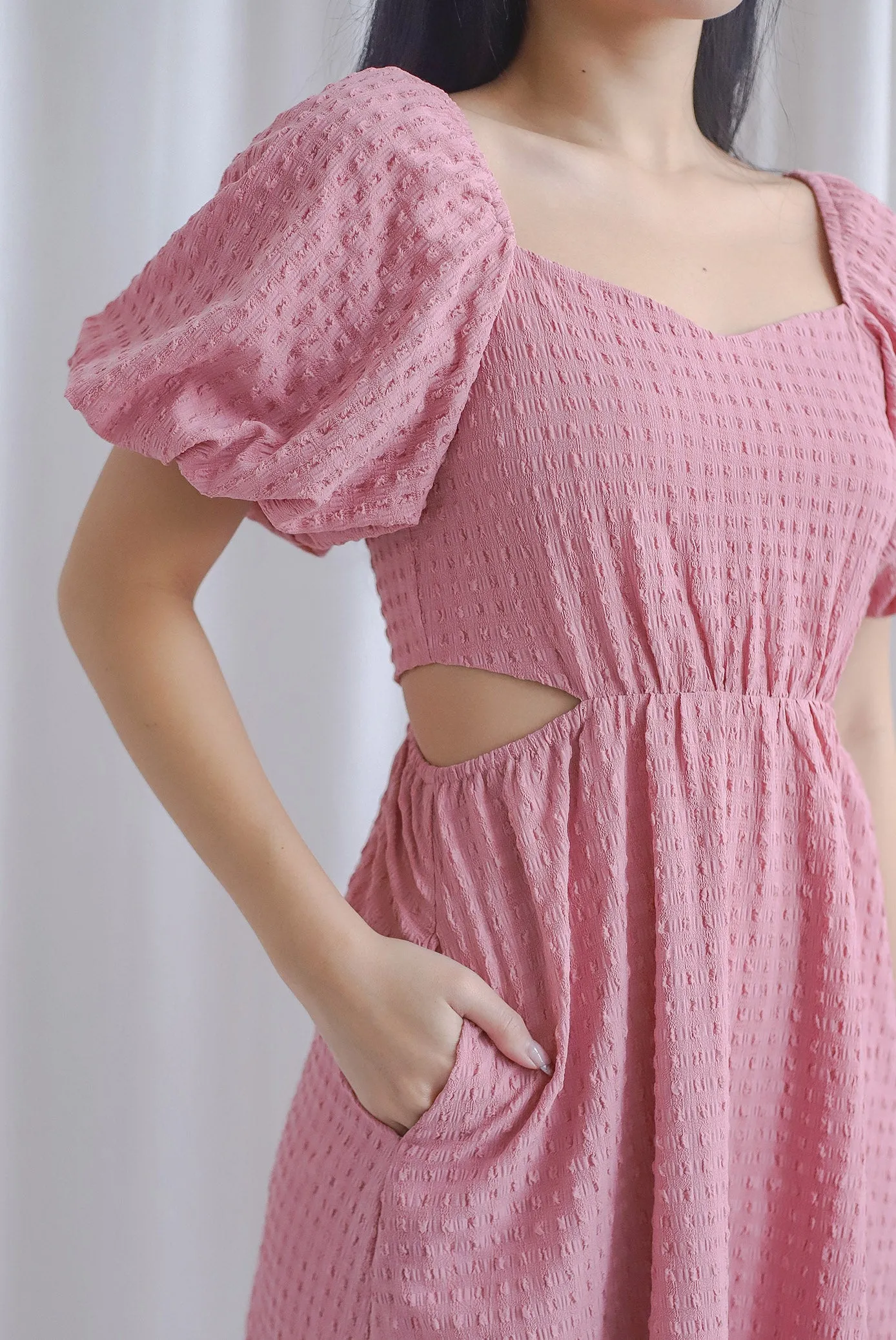 Hebe Puffy Sleeve Side Cut Out Dress In Rose Pink