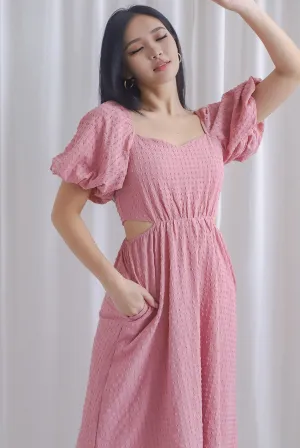 Hebe Puffy Sleeve Side Cut Out Dress In Rose Pink