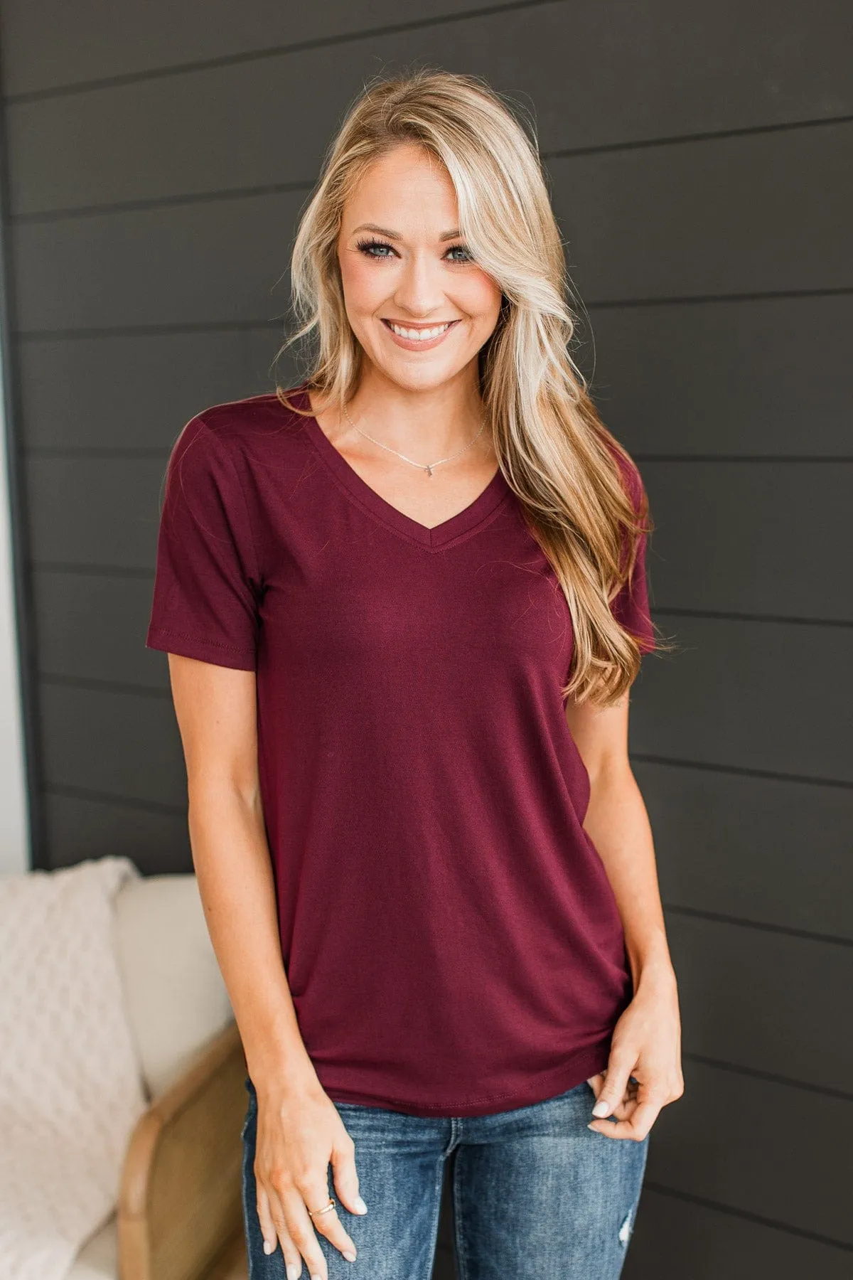 Hello Lovely V-Neck Top- Burgundy