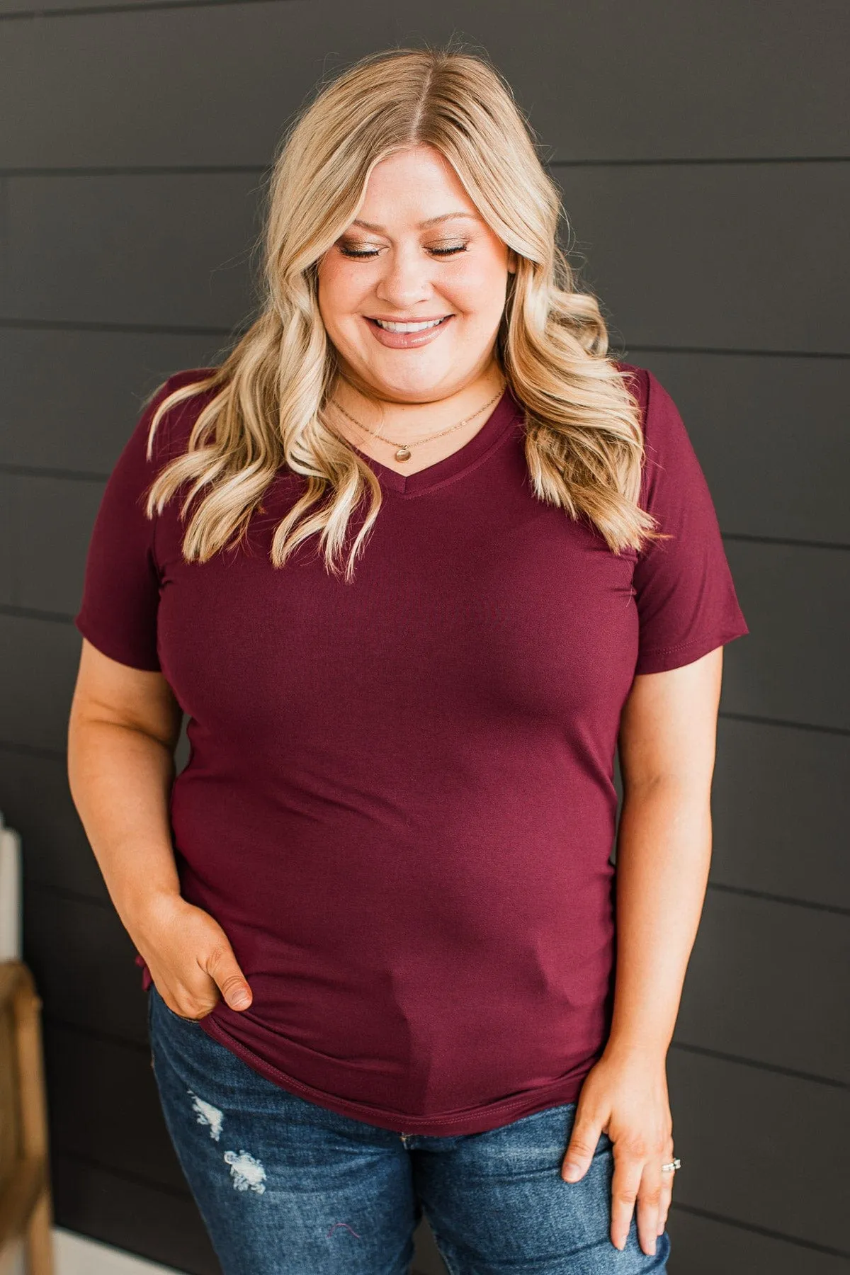 Hello Lovely V-Neck Top- Burgundy
