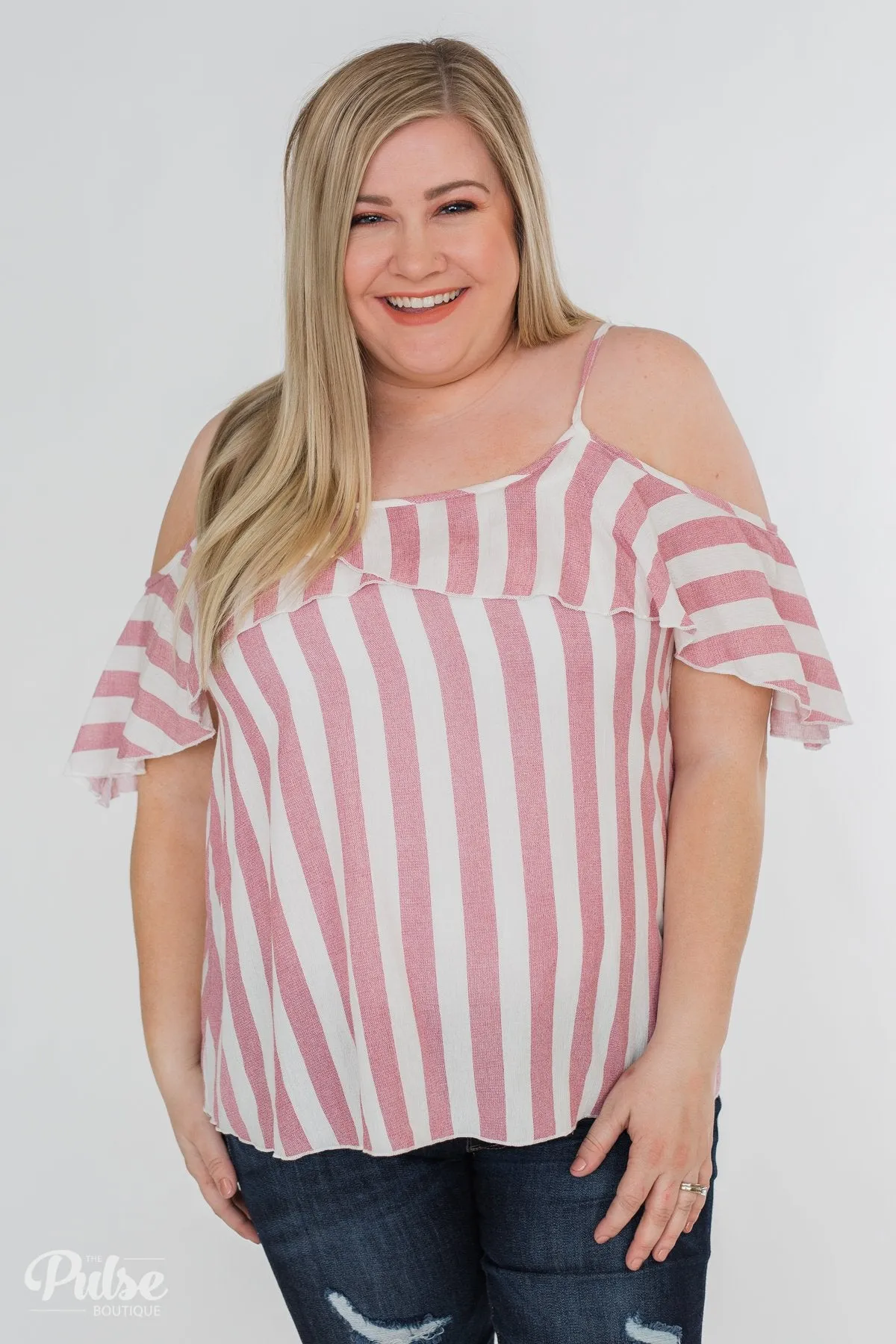 Here Comes the Sun Cold Shoulder Top- Light Pink & Ivory