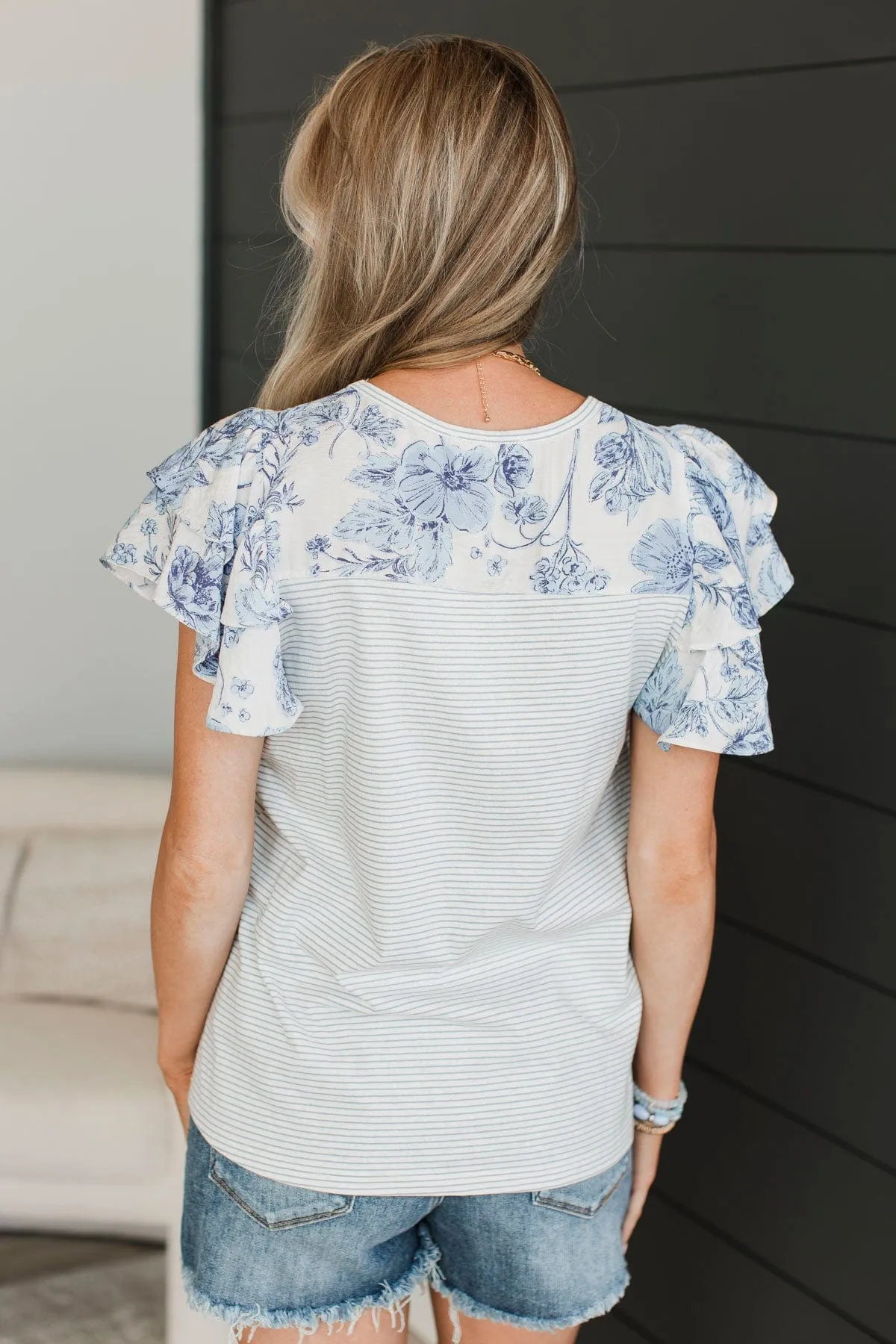 Hitting Milestones Ruffle Sleeve Top- Ivory & Blue