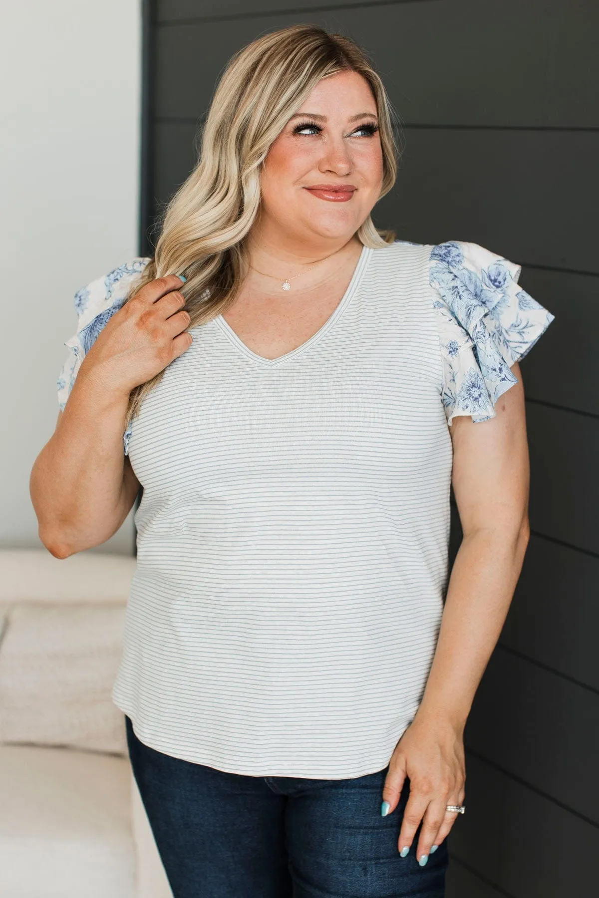 Hitting Milestones Ruffle Sleeve Top- Ivory & Blue