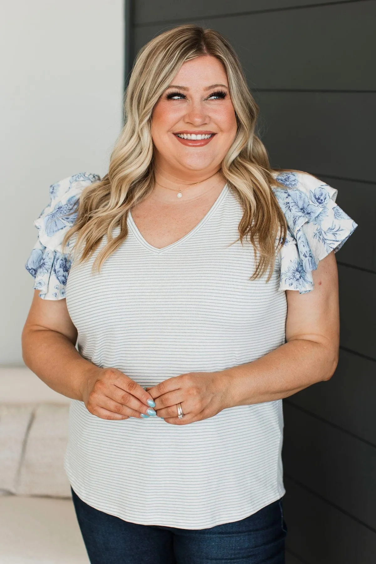 Hitting Milestones Ruffle Sleeve Top- Ivory & Blue