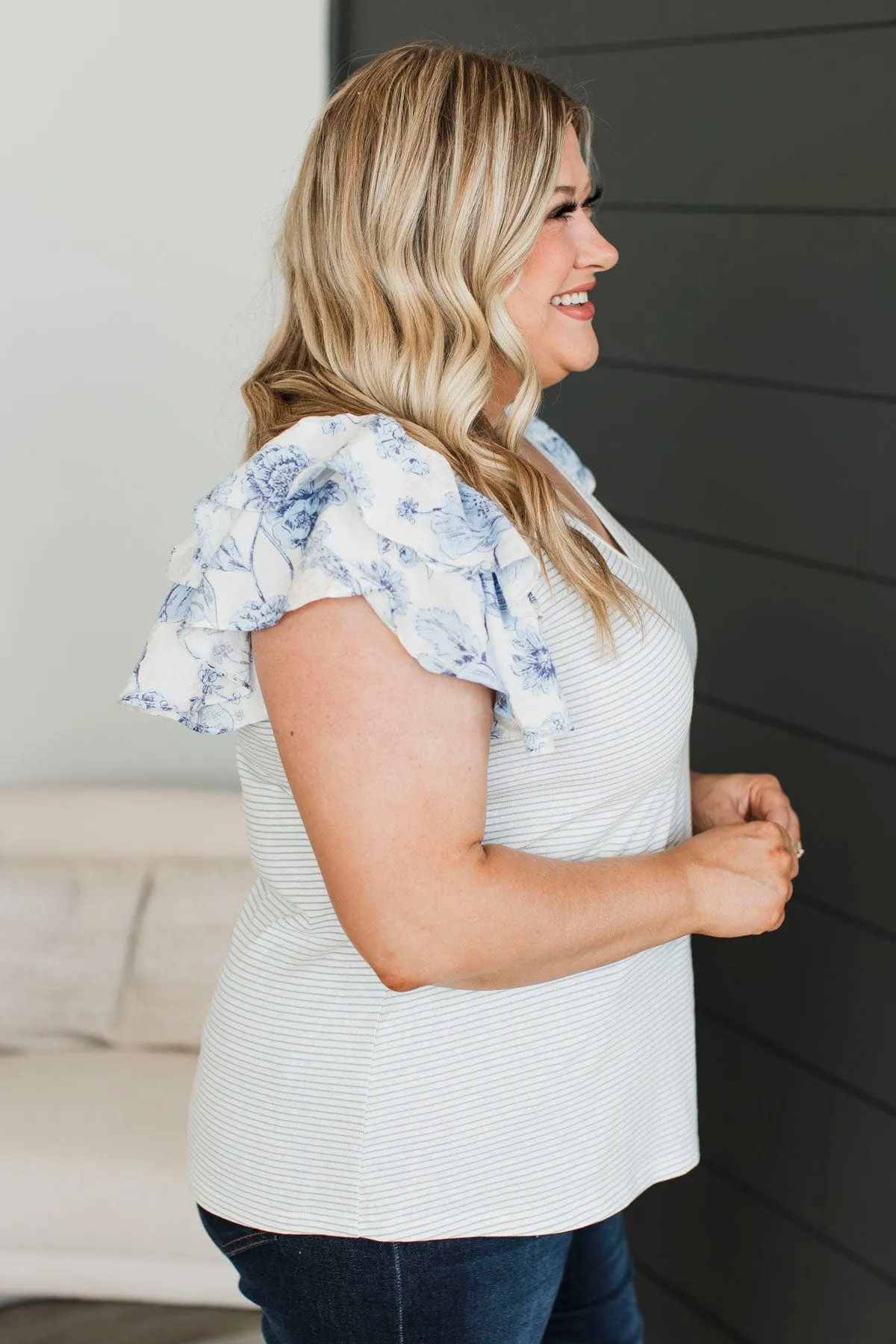Hitting Milestones Ruffle Sleeve Top- Ivory & Blue