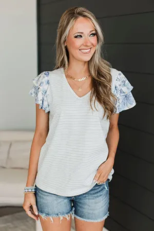 Hitting Milestones Ruffle Sleeve Top- Ivory & Blue