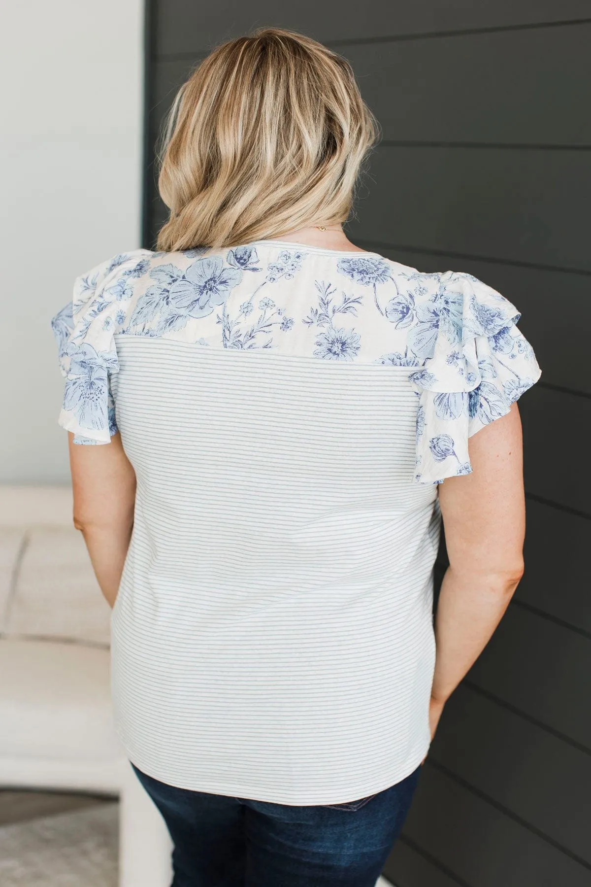 Hitting Milestones Ruffle Sleeve Top- Ivory & Blue