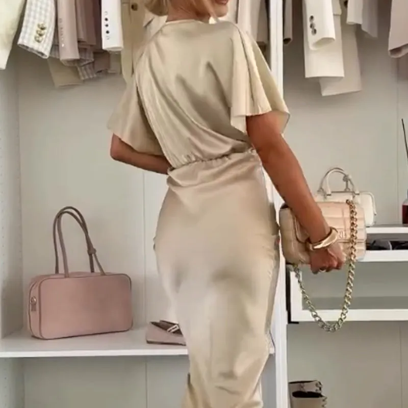 💫Hot Sale 49% OFF🎀V-Neck Twist Detail Fitted Long Dress with Puff Sleeves