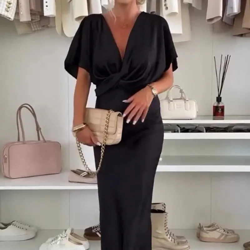 💫Hot Sale 49% OFF🎀V-Neck Twist Detail Fitted Long Dress with Puff Sleeves