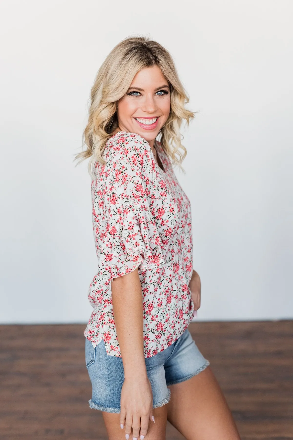 In The Sunshine Floral Ruffle Top- Ivory