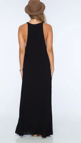 Indah Pilar Solid Rayon Crepe Center Panel Maxi Dress | Black